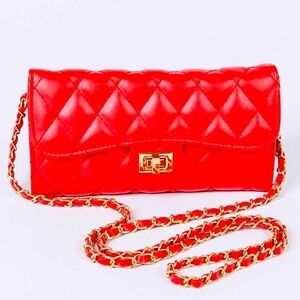 Red Faux Lambskin Quilted Leather Removable Gold Chain Strap Crossbody Wallet